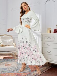SHEIN Flounce Sleeve Self Belted Floral Dress - White - View 3