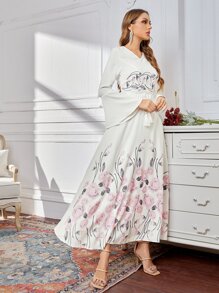 SHEIN Flounce Sleeve Self Belted Floral Dress - White - View 4