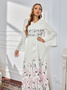 SHEIN Flounce Sleeve Self Belted Floral Dress - White - View 5
