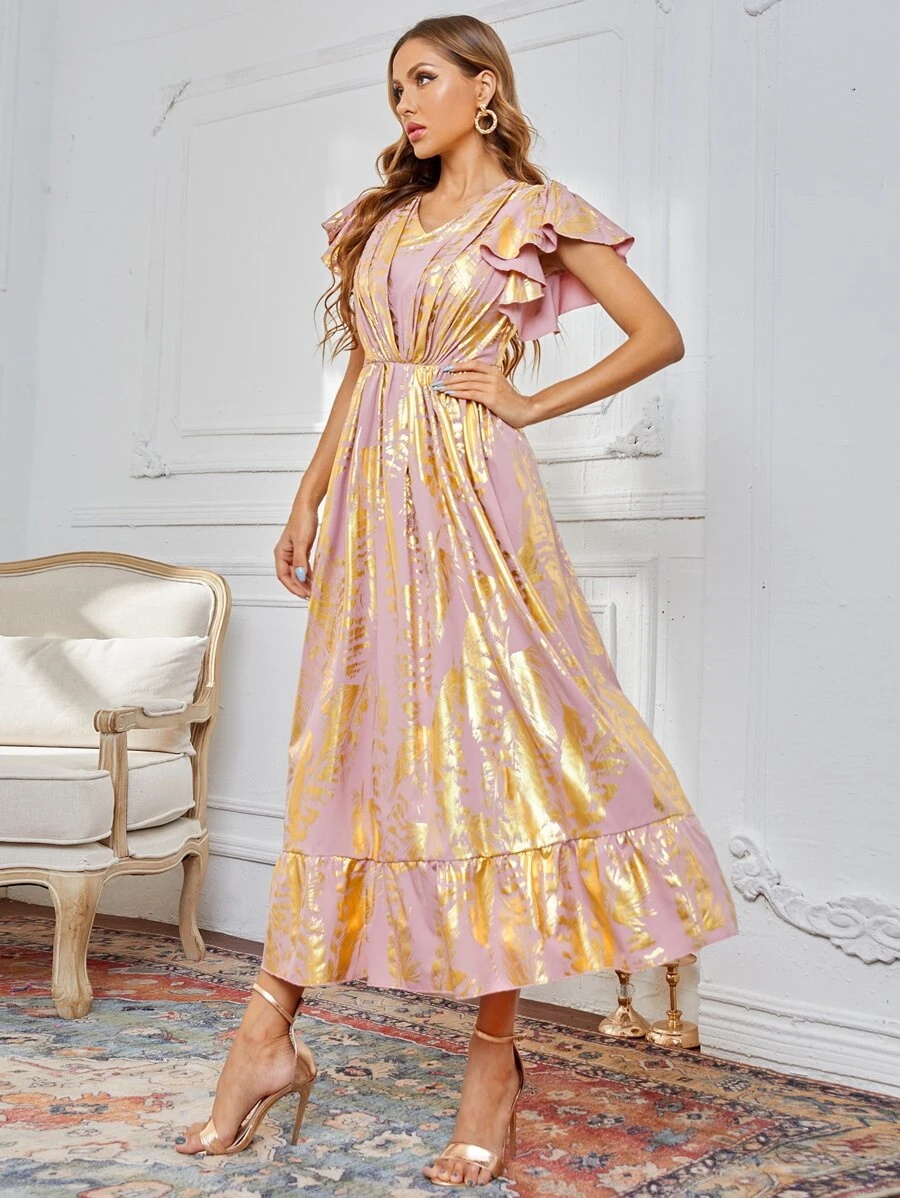 SHEIN Vestido bajo con fruncido con estampado de hojas - Rosa - Ver 1