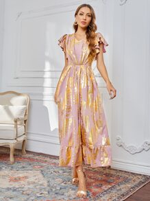 SHEIN Vestido bajo con fruncido con estampado de hojas - Rosa - Ver 3