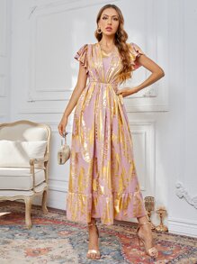 SHEIN Vestido bajo con fruncido con estampado de hojas - Rosa - Ver 4