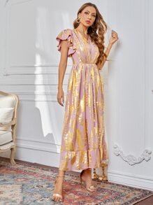 SHEIN Vestido bajo con fruncido con estampado de hojas - Rosa - Ver 5