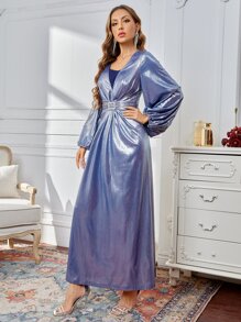 SHEIN Vestido de manga obispo con diamante de imitación con diseño - Azul - Ver 4