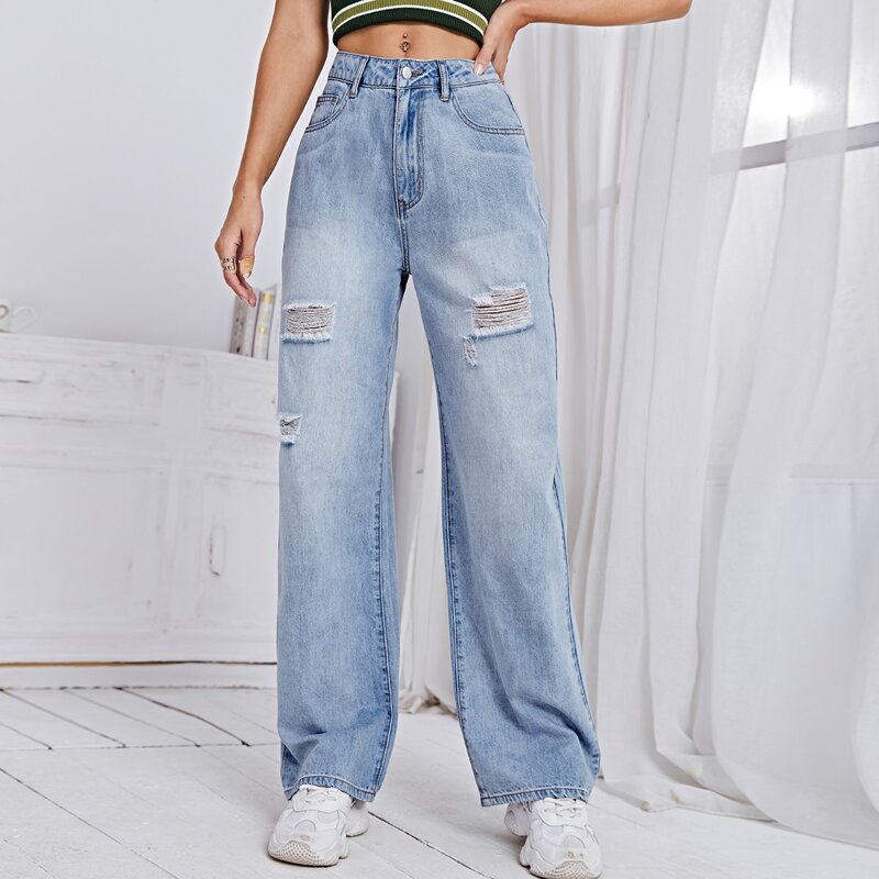

Ripped Detail Straight Leg Jeans, Light wash