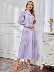 SHEIN 領帶領帶燈籠袖襯衫式洋裝