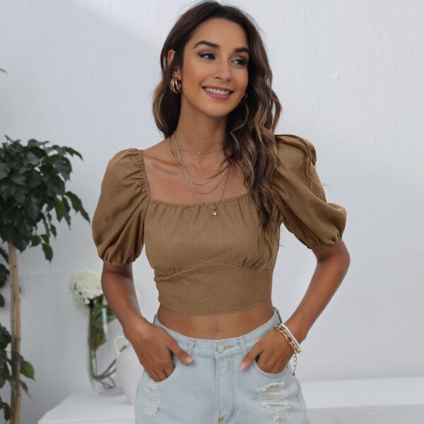

Lace Up Backless Puff Sleeve Top, Khaki