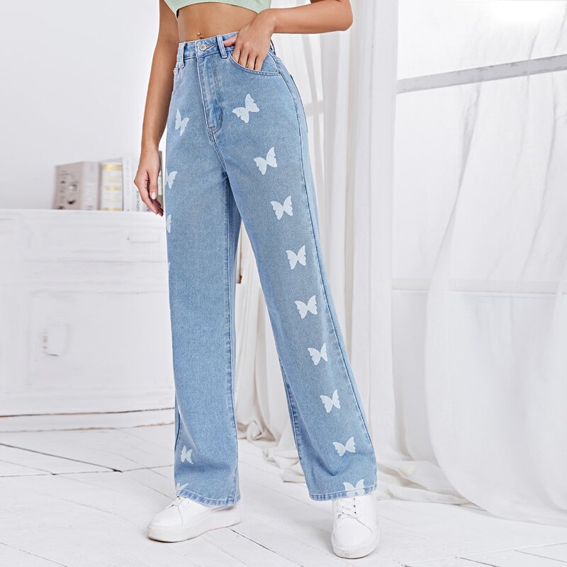 

Allover Butterfly Print Jeans, Light wash