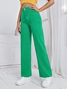 SHEIN Frenchy Solid Straight Leg Jeans Green - Green - View 5