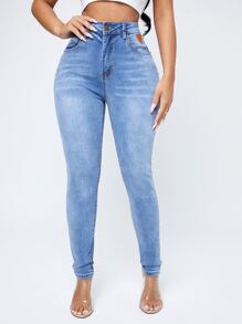 SHEIN SXY Quần jean Nút Túi Dây kéo màu trơn - Rửa nhẹ - Xem 1