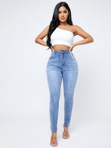 SHEIN SXY Quần jean Nút Túi Dây kéo màu trơn - Rửa nhẹ - Xem 2