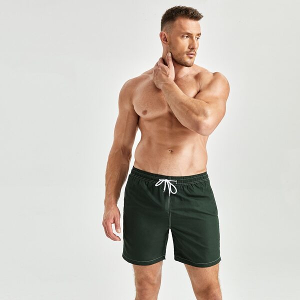 

Men Solid Drawstring Waist Swim Trunks, Dark green