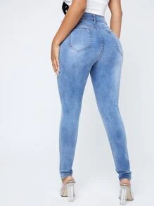 SHEIN SXY Quần jean Nút Túi Dây kéo màu trơn - Rửa nhẹ - Xem 5