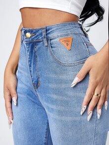 SHEIN SXY Quần jean Nút Túi Dây kéo màu trơn - Rửa nhẹ - Xem 6