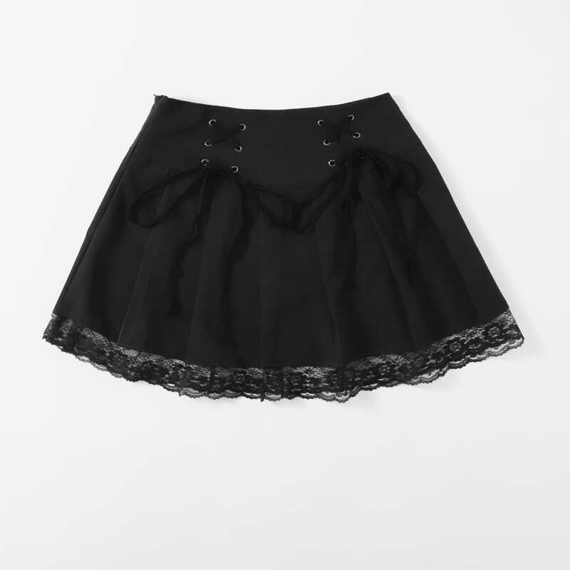 

Lace Up Contrast Lace Skirt, Black