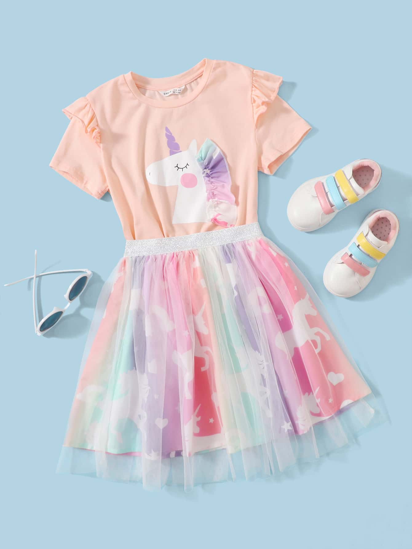 SHEIN Girls Unicorn Print Ruffle Trim Tee and Mesh Skirt Set - Multicolor - View 1