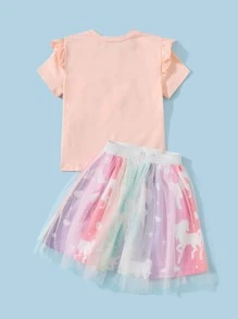 SHEIN Girls Unicorn Print Ruffle Trim Tee and Mesh Skirt Set - Multicolor - View 2