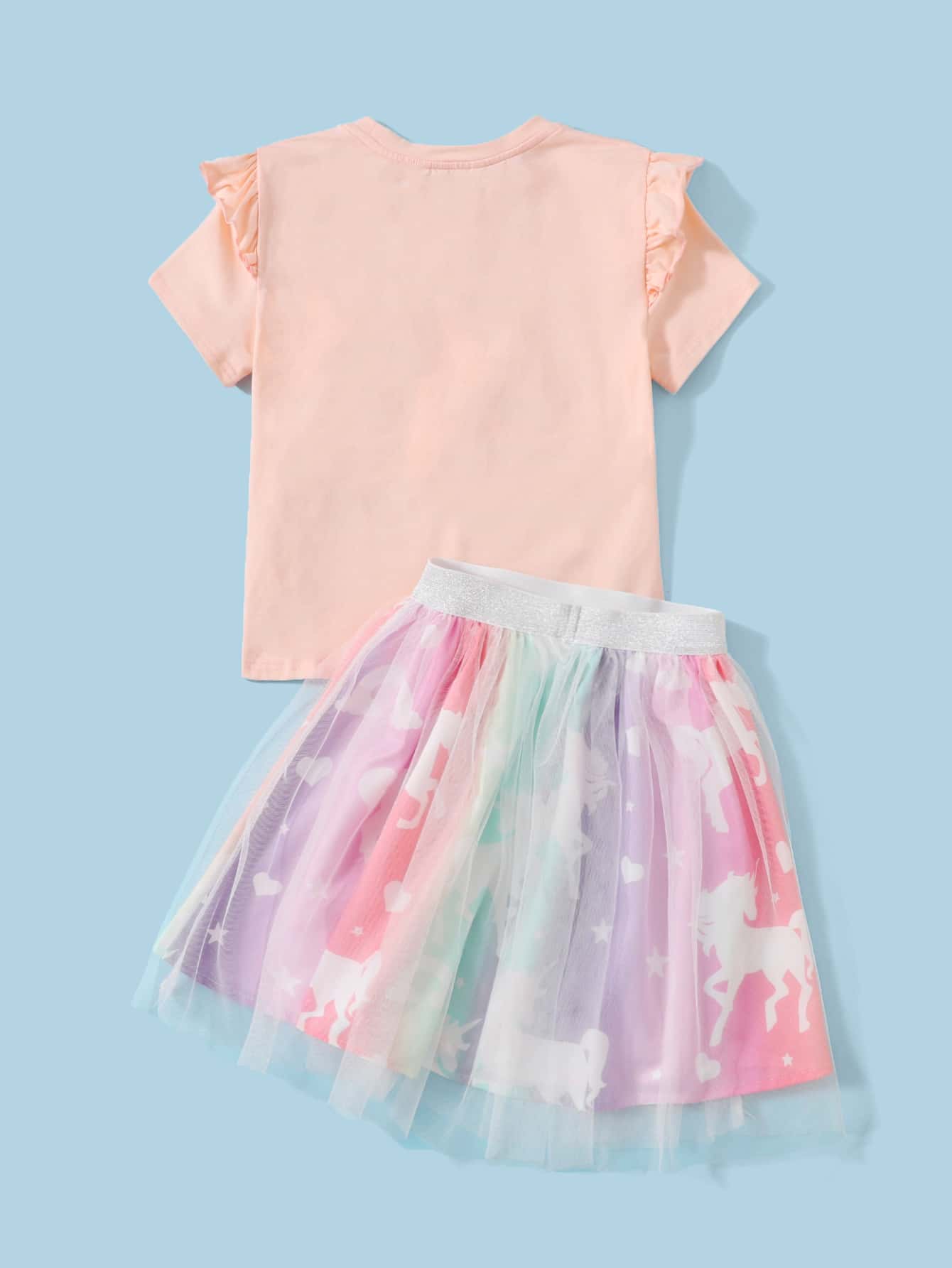 SHEIN Girls Unicorn Print Ruffle Trim Tee and Mesh Skirt Set - Multicolor - View 2