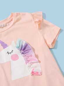 SHEIN Girls Unicorn Print Ruffle Trim Tee and Mesh Skirt Set - Multicolor - View 3