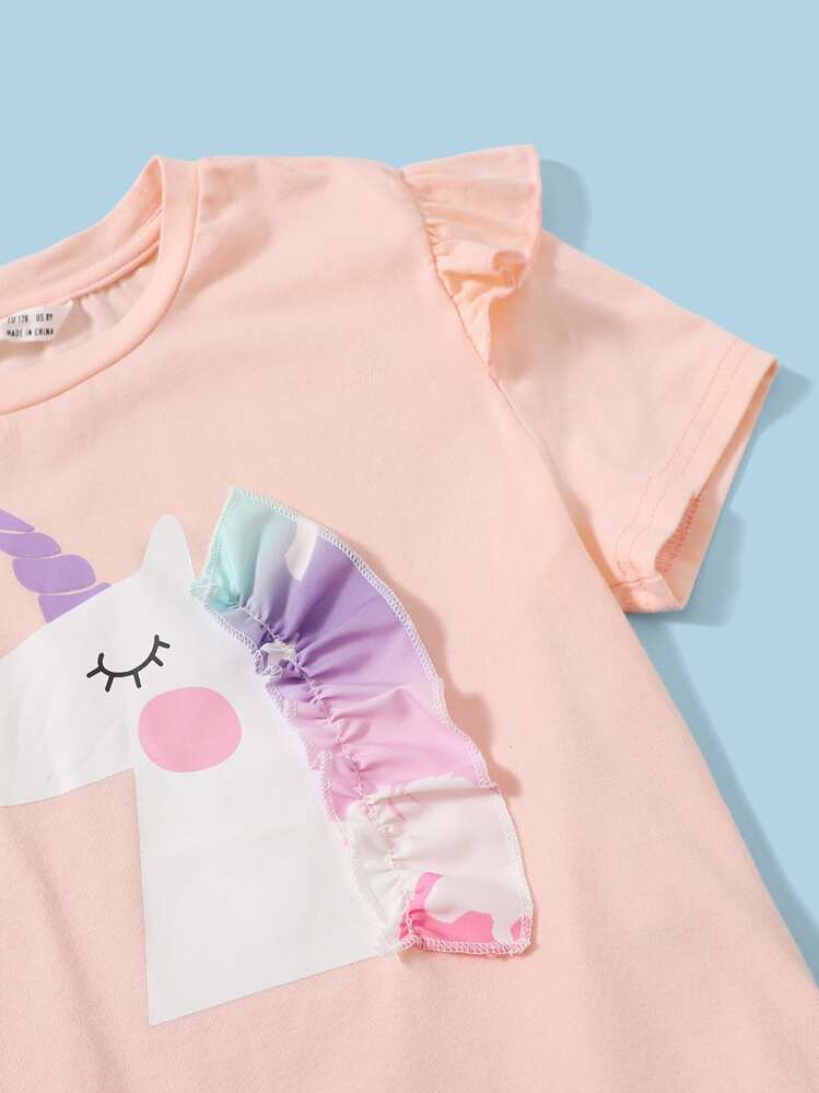 SHEIN Girls Unicorn Print Ruffle Trim Tee and Mesh Skirt Set - Multicolor - View 3