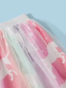 SHEIN Girls Unicorn Print Ruffle Trim Tee and Mesh Skirt Set - Multicolor - View 4