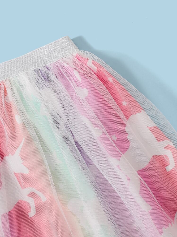 SHEIN Girls Unicorn Print Ruffle Trim Tee and Mesh Skirt Set - Multicolor - View 4