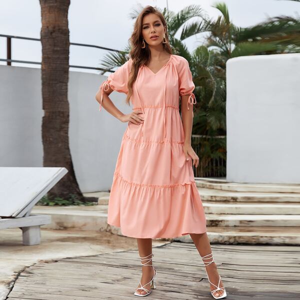 

Tie Neck Layered Frill Smock Dress, Coral orange