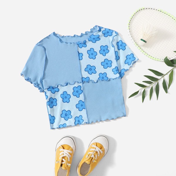

Teen Girls Contrast Stitch Floral Print Tee, Baby blue