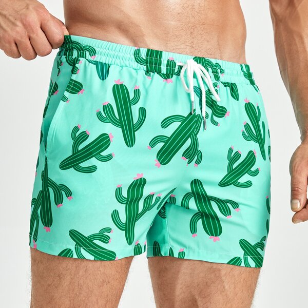 

Men Cactus Print Drawstring Waist Swim Trunks, Mint green