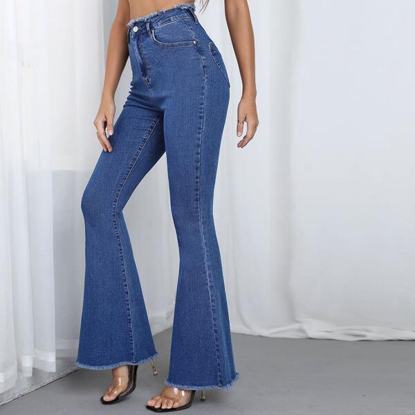 

High Waist Raw Hem Flare Leg Jeans, Blue