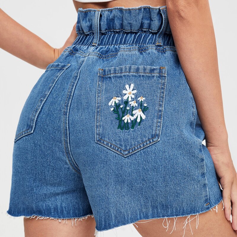 

Embroidery Detail Paper Bag Waist Denim Shorts, Medium wash