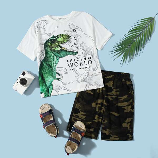 

Boys Letter & Dinosaur Print Tee and Camo Shorts Set, Multicolor