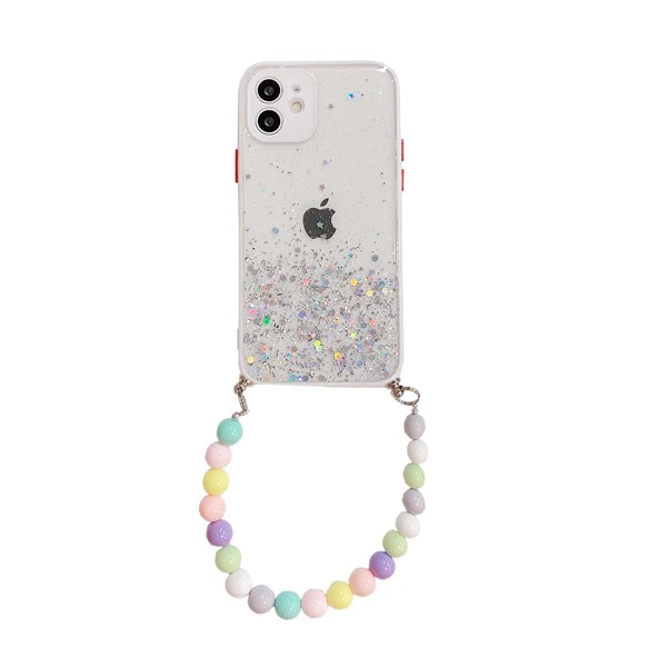 

Beaded Hand Strap Glitter Phone Case, White