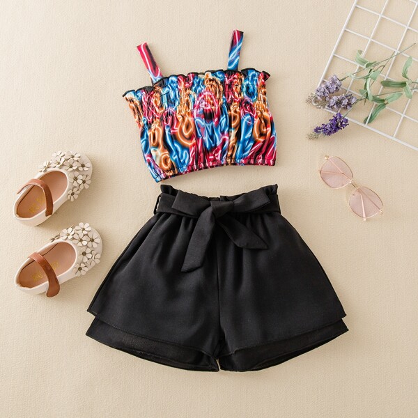 

Baby Girl Graphic Print Shirred Cami Top With Belted Shorts, Multicolor