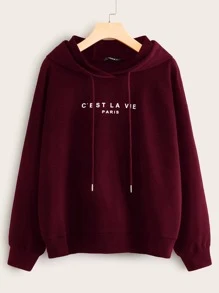 SHEIN EZwear Áo nỉ Dây kéo Slogan Burgundy Giải trí - Màu Đỏ Sâu - Xem 1