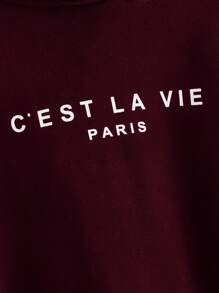 SHEIN EZwear Áo nỉ Dây kéo Slogan Burgundy Giải trí - Màu Đỏ Sâu - Xem 4