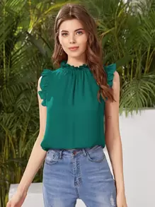 SHEIN Clasi 小高領褶邊無袖上衣 - 墨綠色 - 查看 1