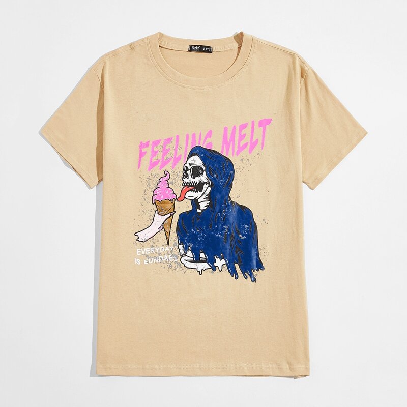 

Unisex Letter Skull Graphic Tee, Apricot