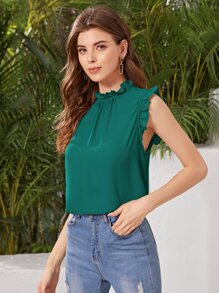 SHEIN Clasi 小高領褶邊無袖上衣 - 墨綠色 - 查看 5