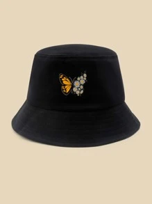 Butterfly & Flower Print Bucket Hat Casual - Black - View 1