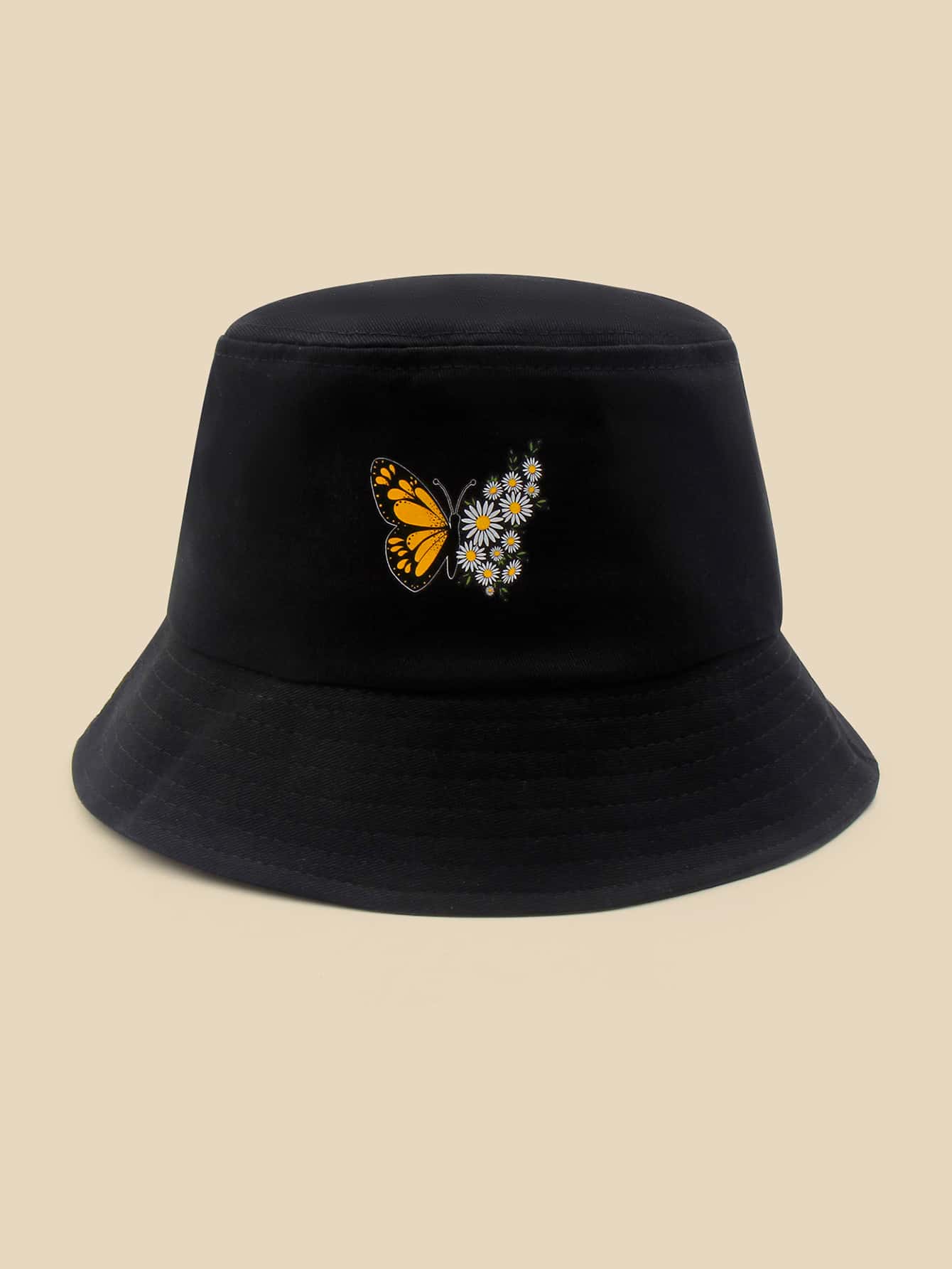 Butterfly & Flower Print Bucket Hat Casual - Black - View 1