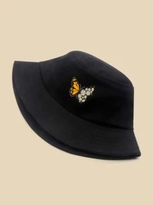 Butterfly & Flower Print Bucket Hat Casual - Black - View 2
