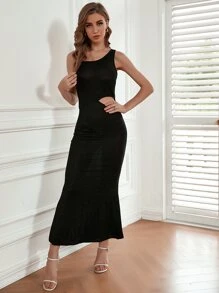 Modelyn 鏤空不對稱領洋裝 - 黑色 - 查看 4