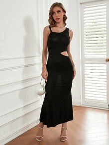 Modelyn 鏤空不對稱領洋裝 - 黑色 - 查看 7