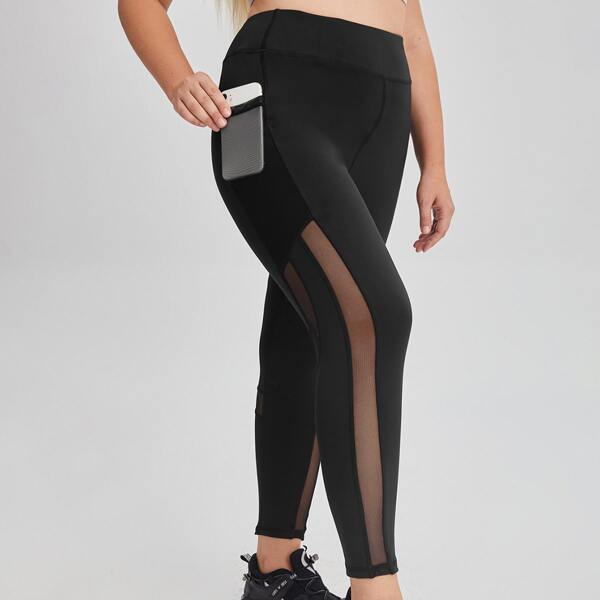 

Plus Mesh Panel Sports Leggings & Phone Pocket, Black