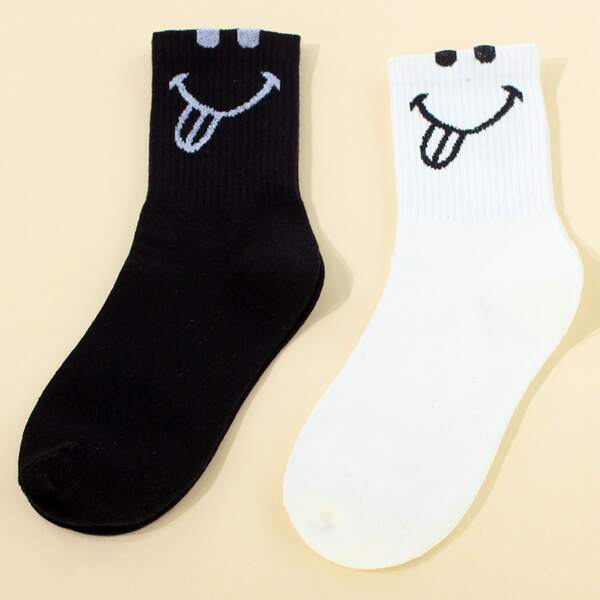 

2pairs Cartoon Graphic Crew Socks, Black and white