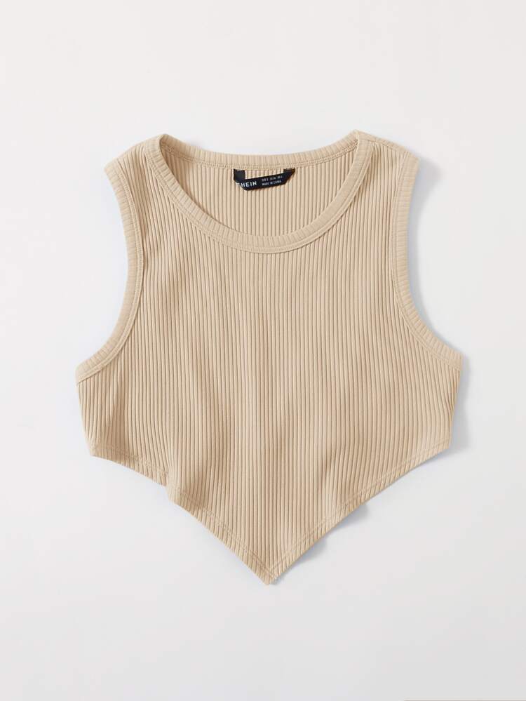 Muchica Asymmetrical Hem Rib-knit Crop Tank Top - Beige - View 3