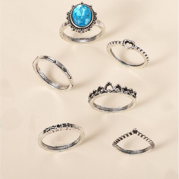 

6pcs Heart Decor Ring, Antique silver
