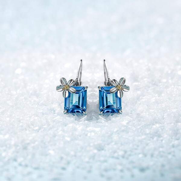

Flower & Geometric Gemstone Decor Drop Earrings, Blue