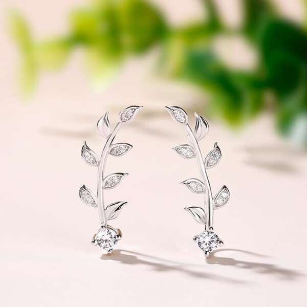 

Zircon Leaf Decor Earrings, Silver